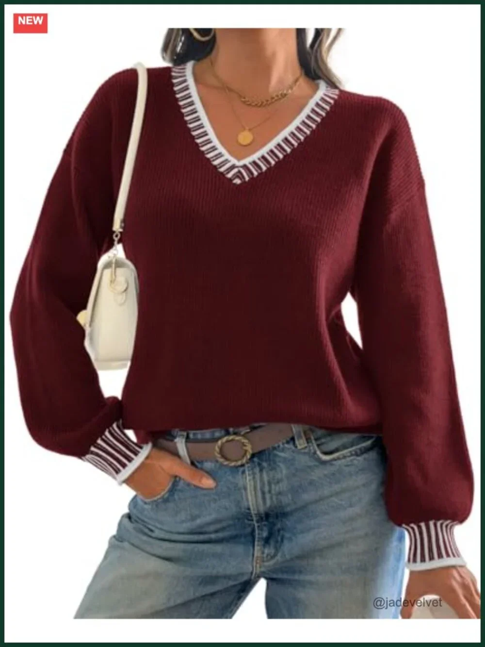 Viscose Blend V-Neck Long Sleeve Chunky Knit Pullover Sweater Color Block